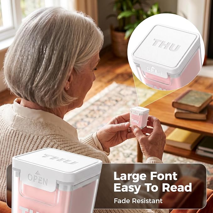 ODARO Extra Large Weekly Pill Organizer Once A Day - Pink | Large Capacity, Big Font, Wide Opening Easy For Seniors, Detachable Portable, Spill Proof, BPA Free