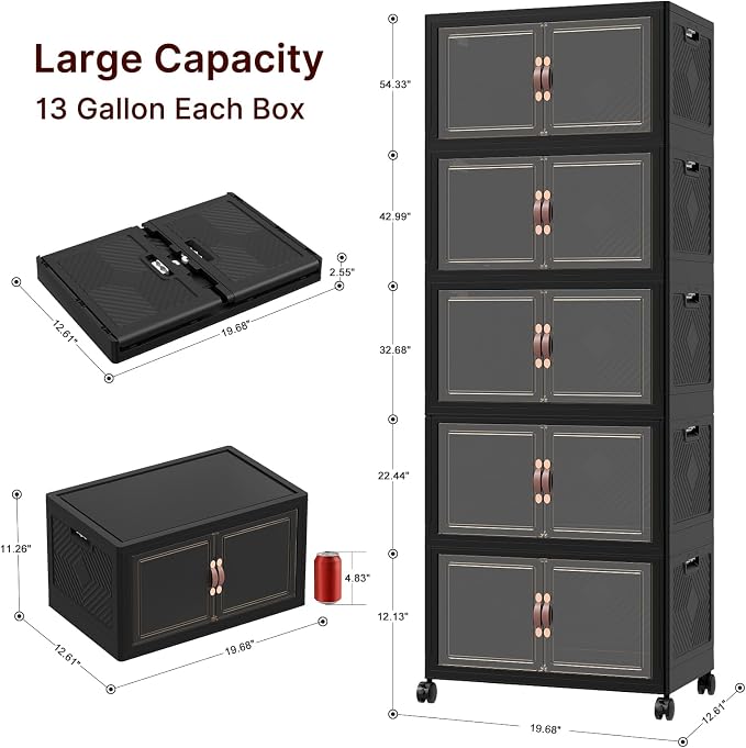 Stackable Storage Bins with Lids, 240QT Lockable Storage Cabinet | Folding Storage Box with Doors and Wheels, Collapsible Plastic Drawers for Home, Garage, Office
