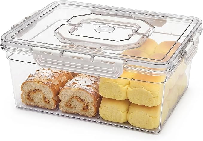 VECELO 2‑in‑1 Bread Slicer & Airtight Bread Storage Box with Handle, Plastic Bread Container with Lid for Keeping Fresh, Ideal for Bread, Cake, Buns,White