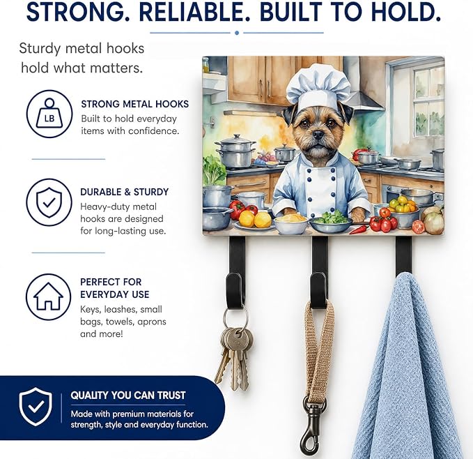 Caroline's Treasures Border Terrier The Chef Leash or Key Holder Wall Hooks, Key Hooks Holder, Coat Rack Wall Mount, Coat Hooks, Hooks for Hanging Keys, Towels, Aprons, Leashes | Border Terrier The Chef artwork on ceramic tile with three steel hooks fo...