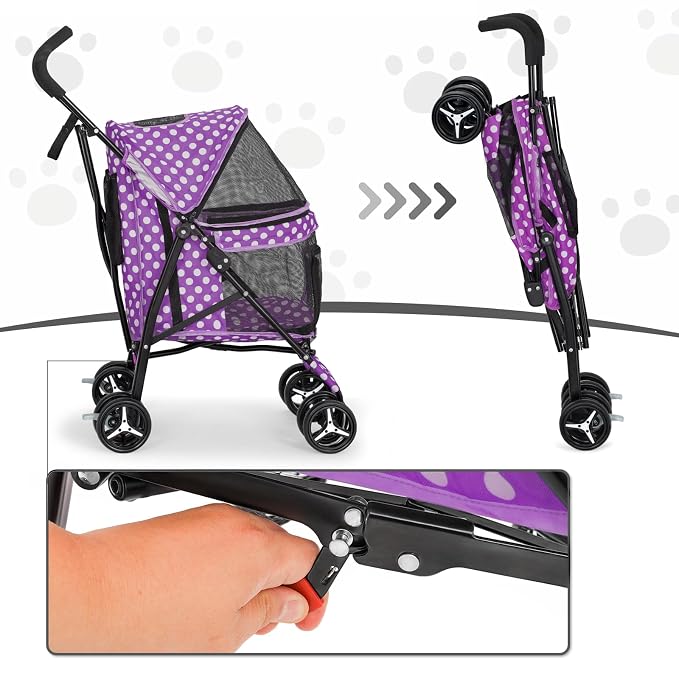 MoNiBloom Pet Stroller for Small/Medium Dogs and Cats, Purple Polka Dots | Foladble 4 Wheels Easy-Fold Puppy Cage Jogger Stroller with Sun Cover, Pad and Rear Storage Bag, Breathable and Visible Mesh