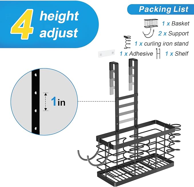 2026 Upgraded 3-in-1 Universal Hair Tool Organizer, L Size, Black | Adjustable Height Metal Hair Dryer Holder, Wall Mounted, Over Cabinet Door, Countertop, Bathroom Storage