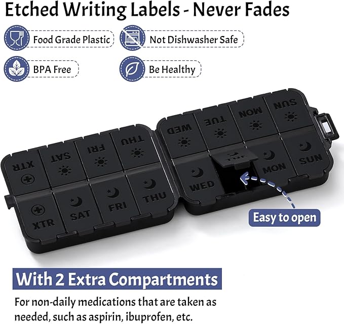 Foldable & Portable Pill Organizer 2 Times A Day with Extra Compartments - Etched Labels - Weekly 7 Day AM PM Medicine Box, Week Daily Travel Pill Case Holder Dispenser for Vitamin, Supplement - Black