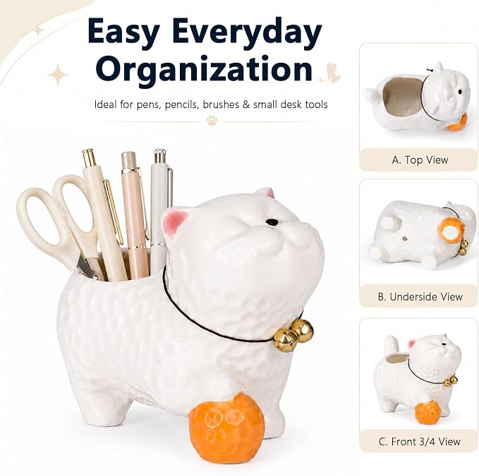 Ceramic Cat Shaped Pen Pencil Holder for Desk Decoration Accessories Cat Decor Makeup Brush Pen Cups Office School Ideal Gifts for Women, Mom or Birthdayscr