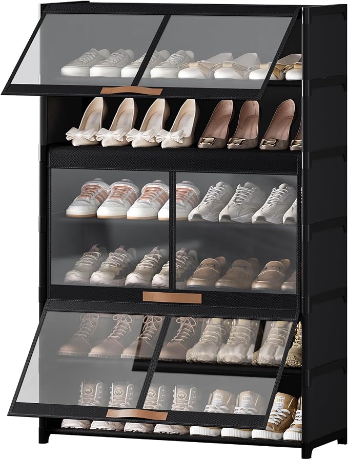 7 Tier Shoe Cabinet with Doors, 24-Pair Storage, Black | Tall Design Saves Floor Space, Transparent Doors for Quick Find, Adjustable Layers for Boots, Waterproof & Easy Wipe