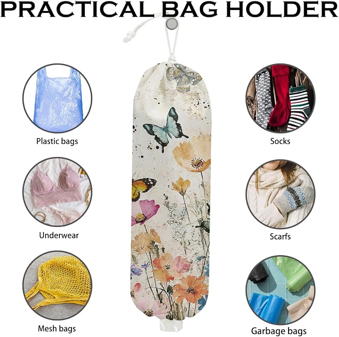 Vintage Floral Plastic Bag Holder, Wall Mount Trash Bag Holder 22.5x9 Inch | Summer Floral Reusable Grocery Bags Storage Dispenser for Home Kitchen Pantry Farmhouse, Butterfly Gifts for Women