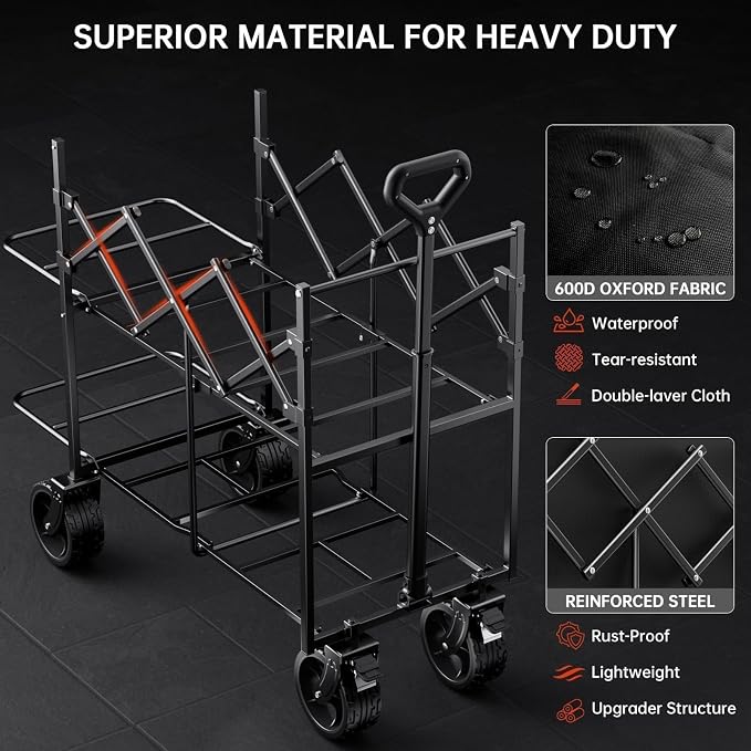 Double Decker Collapsible Wagon with Brakes,Compact with Tailgate | Big All-Terrain Wheels , 2-Tier for Camping Gear, Sports, Groceries, Shopping, Garden & Outdoor Use Black