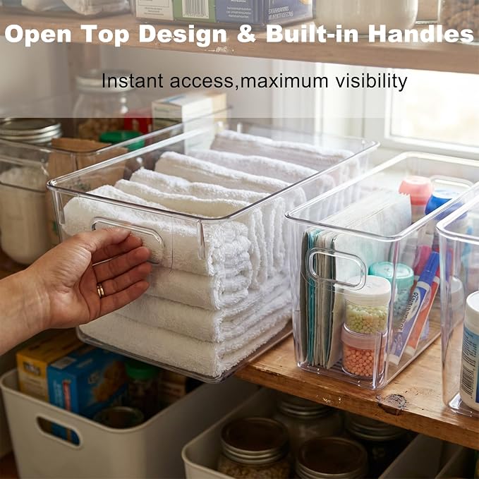 MOONEDGE 8 Pack Clear Plastic Storage Organizer Bins, 4 Large & 4 Narrow | Pantry Organizers and Storage, Clear Bins for Organizing, Narrow Storage Bins, Fruit Storage Containers for Fridge, Kitchen