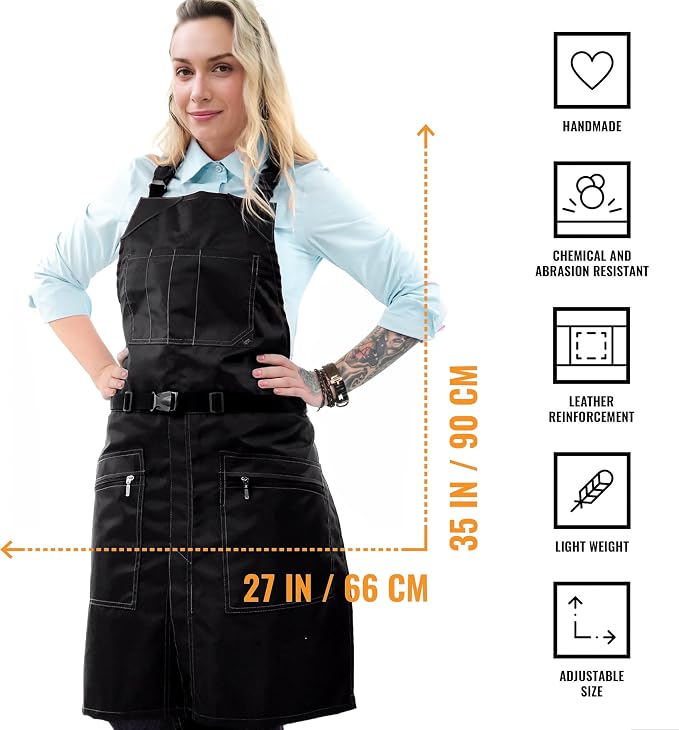 Under NY Sky Barber Apron, Cross-Back with Buckle, Zipped Pockets, Black | Oxford Canvas Resists Liquids, Chemicals, Ink, Dye. Quick-Release Buckle, Split-Leg, For Hair Stylist, Colorist, Barbers