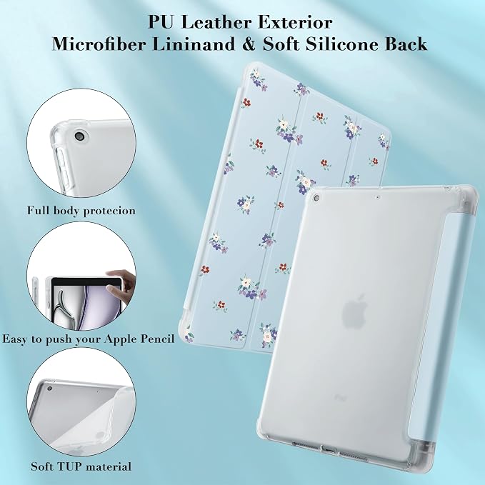 Cute Purple Floral Case for 7.9" iPad mini 4/iPad mini 5, Clear TPU Smart Stand Back Cover with Pencil Holder, Auto Wake/Sleep Foldable Four-Corner Shockproof Protective Case