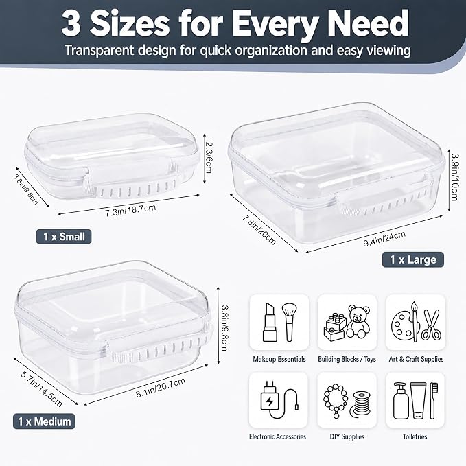 Clear Hard Shell Zipper Case 3PCS Set, 1.2mm PET Travel Organizer | Deep waterproof stackable storage pouches with handle. Heavy duty clear zipper bags for travel, makeup, toys and snacks