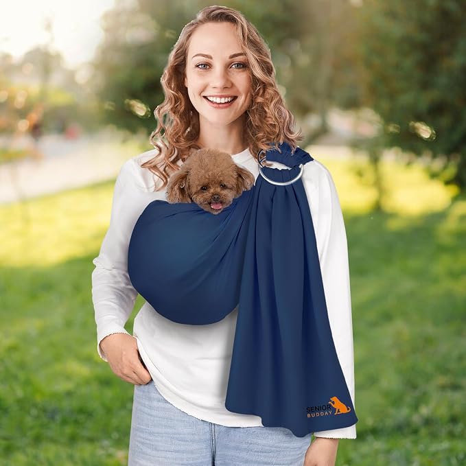 Dog Sling Carrier for Small Dogs, Adjustable Cat Sling Carrier, Navy Blue | Hands-Free Front Carry Chest, Soft Breathable Fabric Wrap, Puppy/Kitten/Pets Up to 15 lbs, Machine Washable, Anti-Anxiety