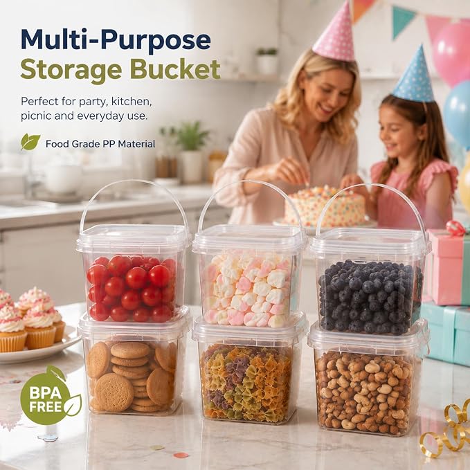 METAPACK 0.5 gal/2L Square Food Storage Container with Lid and Handle | Stackable Containers for Candy, Desserts, Party Favors, Kids Snacks, Kitchen Organization and Portable Food Storage