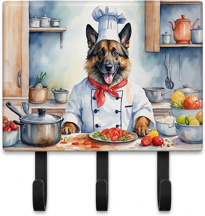 Caroline's Treasures Belgian Tervuren The Chef Leash or Key Holder Wall Hooks, Key Hooks Holder, Coat Rack Wall Mount, Coat Hooks, Hooks for Hanging Keys, Towels, Aprons, Leashes | Belgian Tervuren The Chef artwork on ceramic tile with three steel hook...