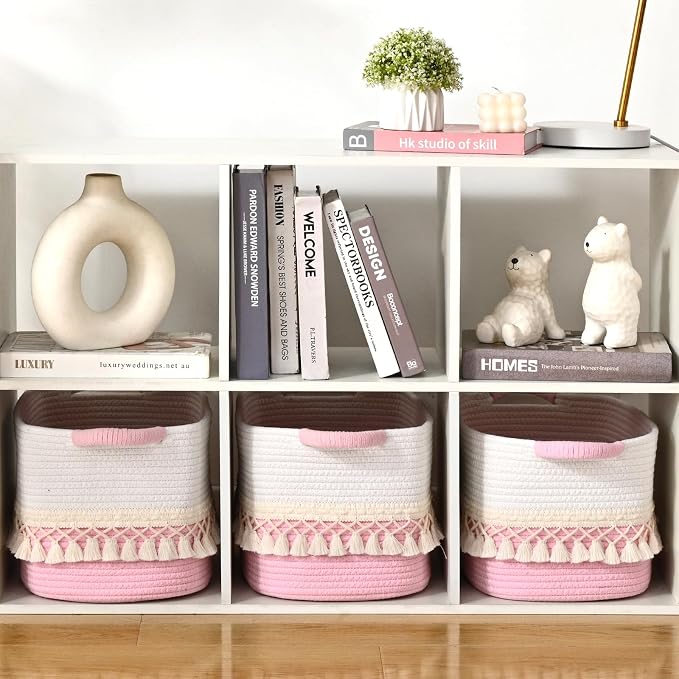 6 Pack Storage Basket for Shelves, Boho Cotton Rope Storage Bins with Heavy Tassel, Shelf Baskets Large Woven Baskets for Organizing, Cube Organizer Bins, Baby Laundry Basket for Clothes, Toys, Pets