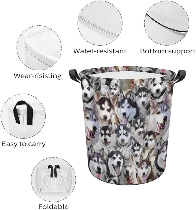 Cute Husky Dog Print Laundry Basket Foldable With Handles, Funny Husky Dog Tote Bag, Oxford Cloth Husky Dog Laundry Hamper Clothes Storage Bucket For Bathroom Laundry Bedroom