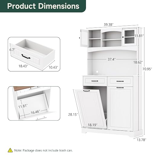 2 X 13 Gallons Double Tilt Out Trash Can Cabinet with Deodorizing Function and Power Outlet, 71" Tall Kitchen Pantry Storage Cabinet with 2 Drawers & Hutch, Freestanding Recycling for Kitchen, White