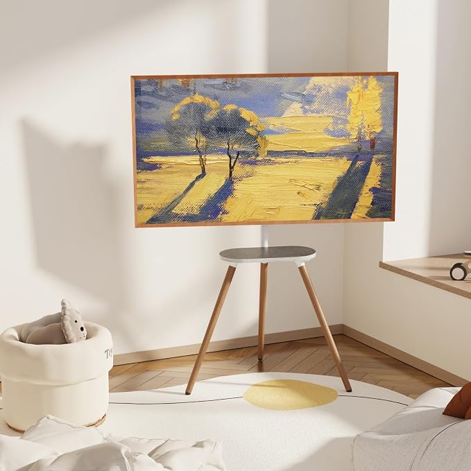 Tripod TV Stand for 43-65" TVs, Swivel, White | Height-adjustable easel TV stand, wood media shelf, cable management and VESA up to 400x400