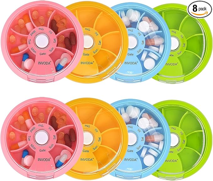 8PCS INVODA Weekly Pill Organizer 7 Compartment Rotating Pill Box for Daily | Cute Round Pill Organizer Fit purse pocket or backpack Portable Travel Pill Case for Fish Oil Supplements Vitamins Medication