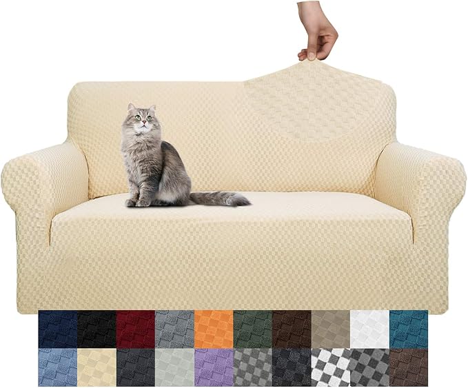 YEMYHOM Couch Cover Latest Jacquard Design High Stretch Sofa Covers for 2 Cushion Couch, Pet Dog Cat Proof Loveseat Slipcover Non Slip Magic Elastic Furniture Protector (Medium, Beige)