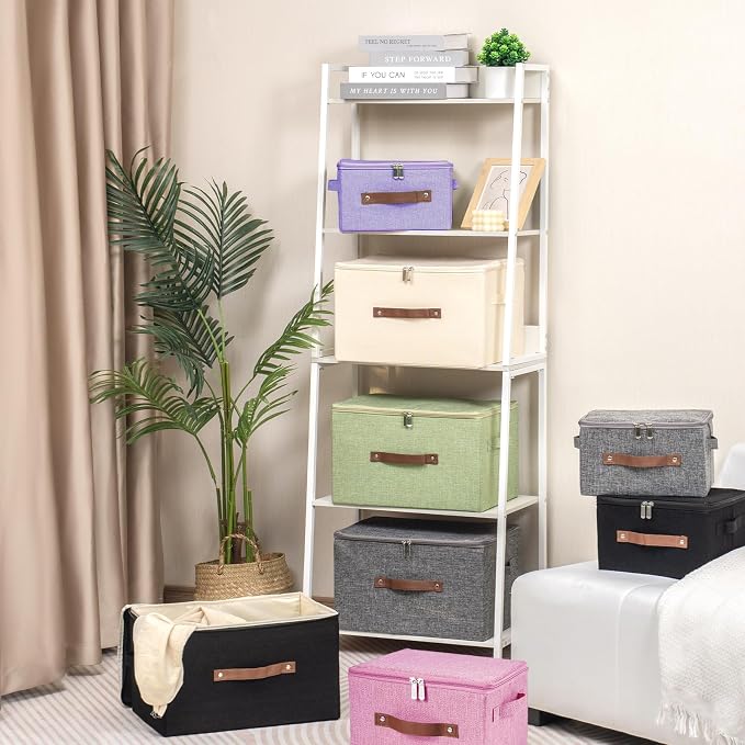 Storage Bins with Zipper Lid Decorative Lidded Storage Boxes | Collapsible Cotton Linen Fabric Storage Baskets, PU Leather Handle, Stackable Shelves Closet Organizer Container(Pink, Small)