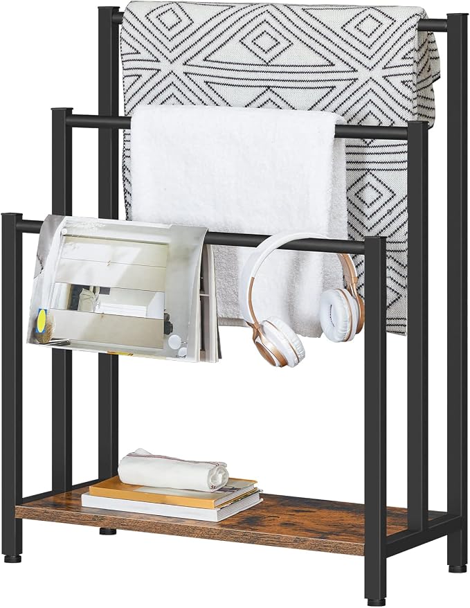 HOOBRO Free Standing Towel Rack, 3 Tier Blanket Rack, Blanket Holder for Bathroom, 23.6" L x 11" W x 31.9" H, Industrial Metal Drying and Display Rack with Shelf, Rustic Brown and Black BF06LB01
