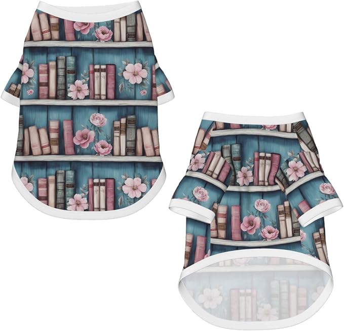 Vintage Floral Bookshelf Dog T Shirt Dogs Cats Cotton Shirts Short Sleeve Clothes Soft Stretchy Pet Costume Doggy Outfit Pullover Jumper Puppy Sweatshirt Small