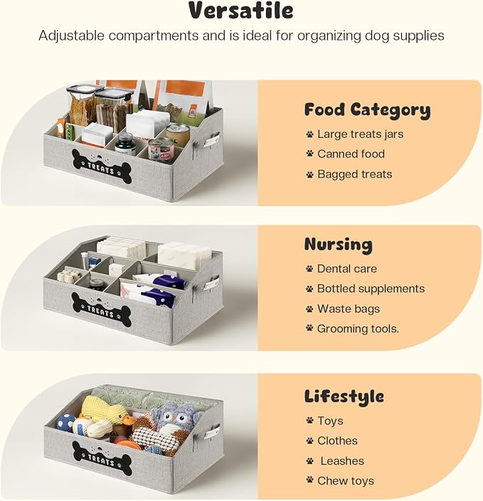 Dog Treat Container, Dogs Storage Organizer with Removable Dividers, Collapsible Dogs Treat Holder for Countertop, Trapezoid Pet Treats Containers, Dog Toy Basket with PU Handles, Large, Gray