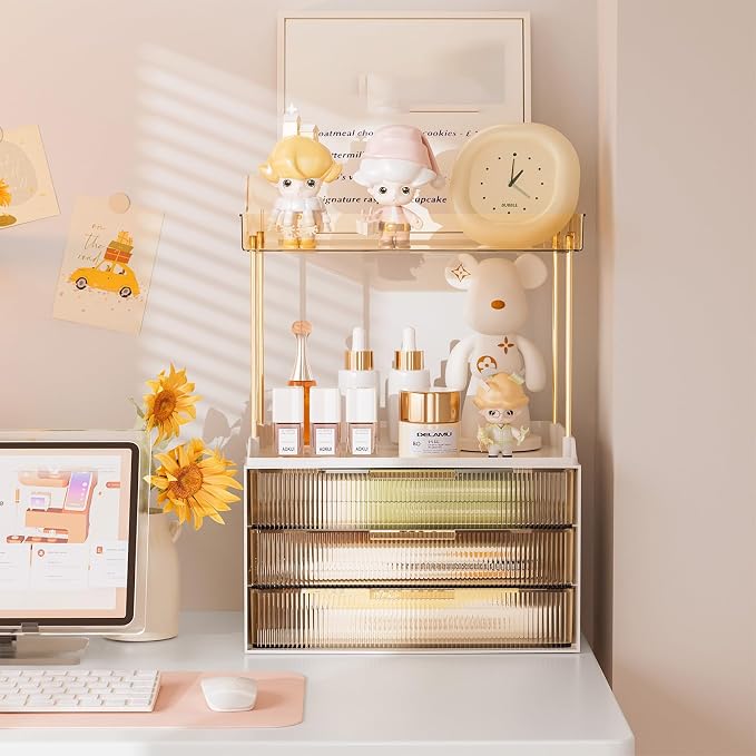 Delamu 5-Tier Makeup Organizer, Bathroom Counter Storage, 3 Drawers, Amber | Elegant Vanity Organizer Gift for Women, Holds Perfume, Skincare, Nail Polish & Hair Accessories for Bathroom Countertop