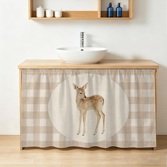 Resting Fawn Sink Skirt for Bathroom, Self-Adhesive Under Sink Curtain, Retro Natural Animals Farmhouse Plaid Hide Pipes & Storage Fabric Cabinet Skirt Cover for Kitchen Laundry 32"x55"