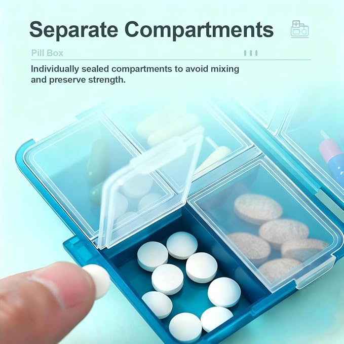 Daily Travel Pill Case Organizer, Small 8 Compartment Medicine Box | Pill Dispenser, Compact Purse Portable Pill Reminder Perfect for Storage Vitamin, Fish Oil, Calcium Tablet, Peacock Blue