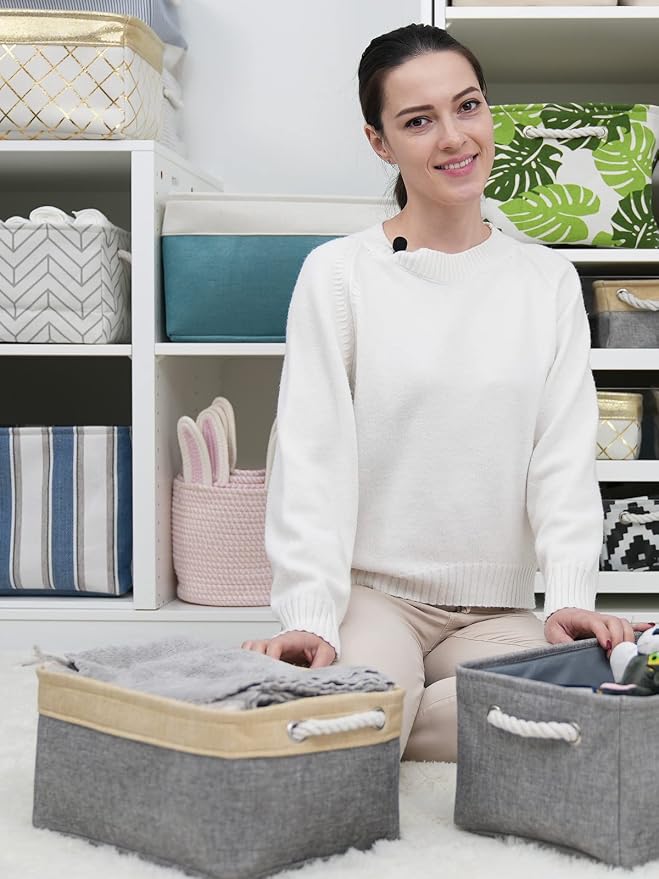 Storage Basket for Organizing - 3 Pack 14x10x7 inch Large Collapsible Storage Bin for Shelves, Fabric Storage Cubes for Organizer ClosetCloth Gift Toy (Grey & Gold)