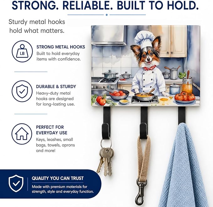 Caroline's Treasures Papillon The Chef Leash or Key Holder Wall Hooks, Key Hooks Holder, Coat Rack Wall Mount, Coat Hooks, Hooks for Hanging Keys, Towels, Aprons, Leashes | Papillon The Chef artwork on ceramic tile with three steel hooks for keys, leas...