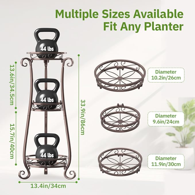 KMOTASUO 3 Tier Metal Plant Stand Tall for Indoor Outdoor Corner, Bronze | Heavy Duty Flower Holder Rack, Modern Vertical Iron Shelf for Patio Bathroom Office Garden