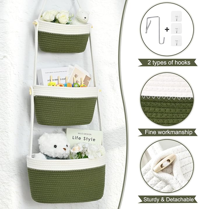 Hanging Basket, 3-Tier Woven Wall Basket with 4 Hooks, Cotton Rope Storage Baskets, Over the Door Organizer for Nursery, Bedroom, Cottage and Boho Wall Decor