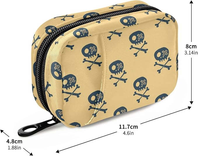 Skulls and Bones Pill Box 7 Day Pill Case Travel Pill Organizer Bag with Zipper Portable Weekly Case Compact Size for Vitamin Supplement Holder