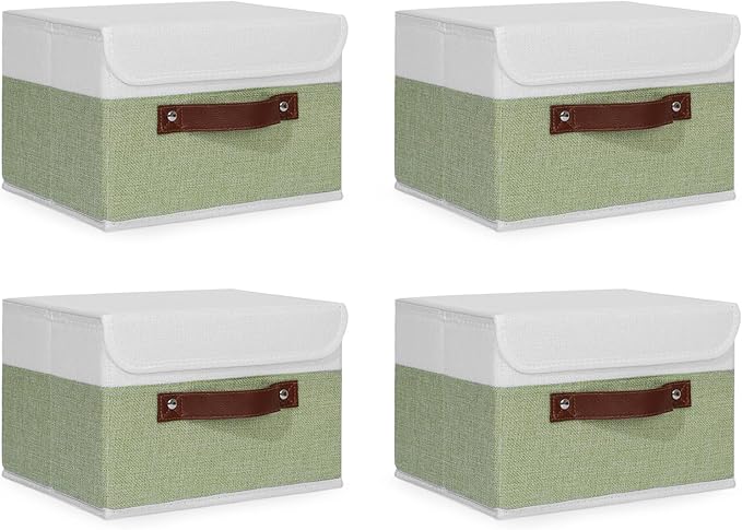 ANMINY Fabric Storage Box Bins with Lids, Green White, 10"x8"x7", 4 Pack | Keepsake Memory Storage, Cotton Linen, PP Board Reinforced, Washable, PU Handles, Foldable & Stackable, Decorative, Small