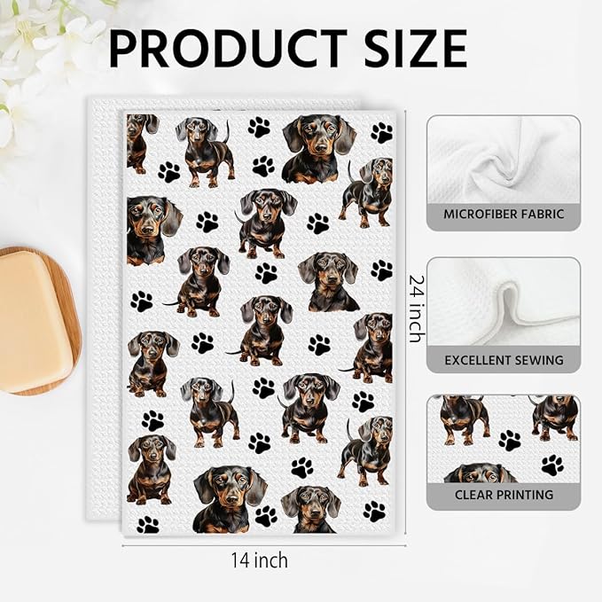 Dachshund Waffle Weave Kitchen Towels, Quick Dry Multipurpose Hand Towels for Bathroom, Absorbent Reusable Cloth Tea Dish Towels for Home Decor, Dog Lover Gift Towel Set of 2