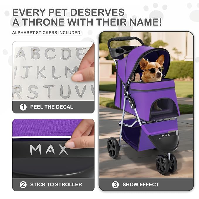 MoNiBloom Pet Stroller for Small/Medium Dogs and Cats up to 33 lbs, Purple | Foldable Dog Stroller 3 Wheels Pet Strolling Cart w/ Storage Basket Cup Holder, Breathable and Visible Mesh for All-Season