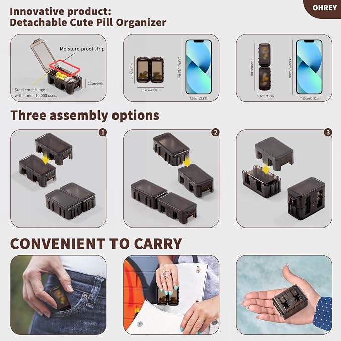 Pill Organizer 2 Times a Day, Weekly Travel Case for Vitamins, Fish Oils + 2 Detachable Cute Boxes (Brown)
