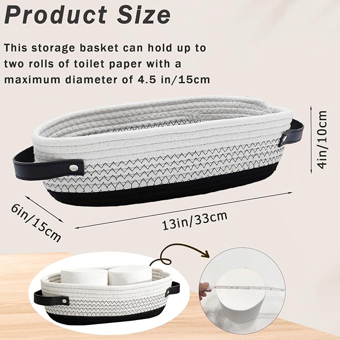 1 Pack Small Woven Storage Basket for Toilet Tank Top, Bathroom Countertop Organizer Basket Cotton Rope Toilet Paper Storage Toilet Paper Decorative Basket 13"x6"x4" (Black/White)