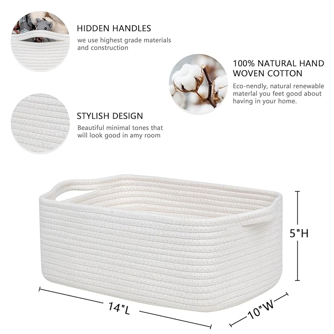 CubesLand Cute and Durable Small Cotton Rope Basket for Organizing | Woven Closet Storage Bin,Shelves Closet Storage Basket, Bathroom Storage Organizer Bin, Nursery Toy Basket Bin, White Basket