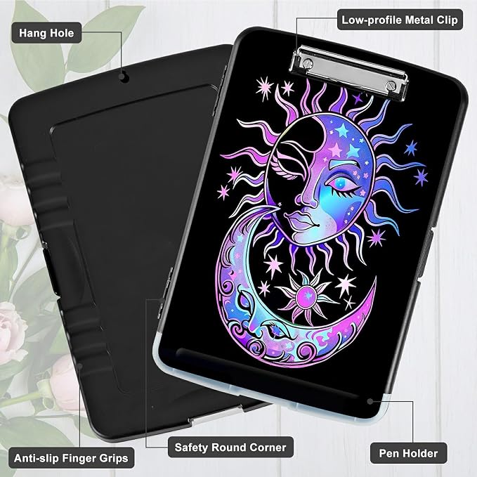 Purple Moon Sun A4 Clipboard with Storage Pen Holder, Clipboards Organizer Nursing Clipboard Foldable File Folder Plastic Clipboard Folio Clip Board for Office Students Classroom Doctor