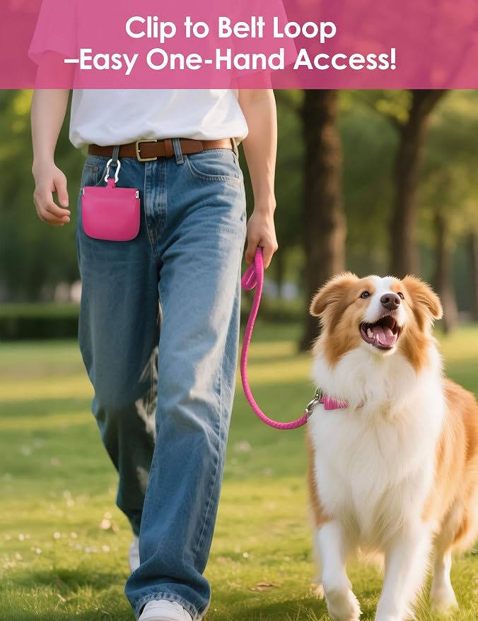 1 Cup Silicone Dog Training Treat Pouch (Hot Pink) | Clip on Leash or Belt Loop, One-Hand Access with Pull Tab, Small Pocket Sized, Auto Closing Lid for Pet Training & Walking