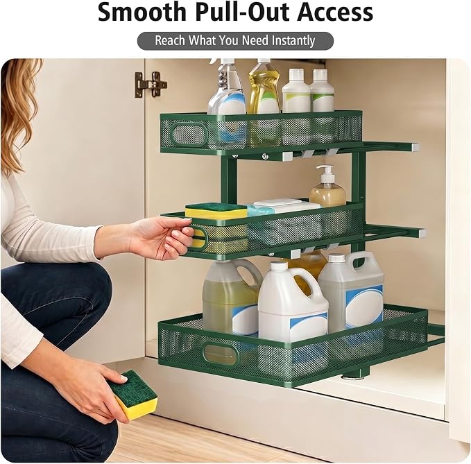 Under Sink Organizer, 3-Tier Sliding Drawers, 2-Pack Forest Green | 5 Height Adjustable, Pull Out Cabinet Storage Rack, Space Saving Metal Organizer for Kitchen, Bathroom, Laundry & Pantry
