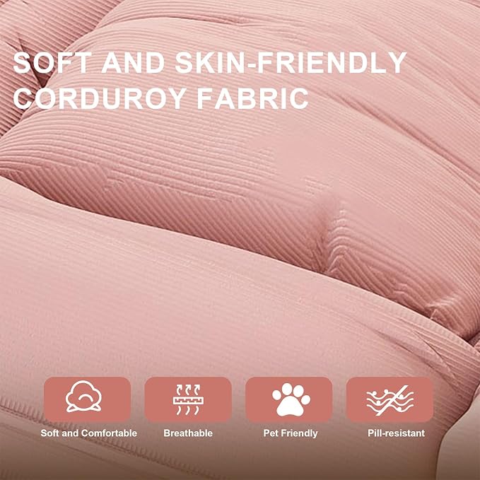 Human Dog Bed for Adults and Pets, Upholstered Foldable Lazy Sofa Bed with 5 Adjustable Positions, Corduroy Floor Sofa Bed with 2 Pillows, Convertible Recliner for Living Room, Reading Corner (Pink)