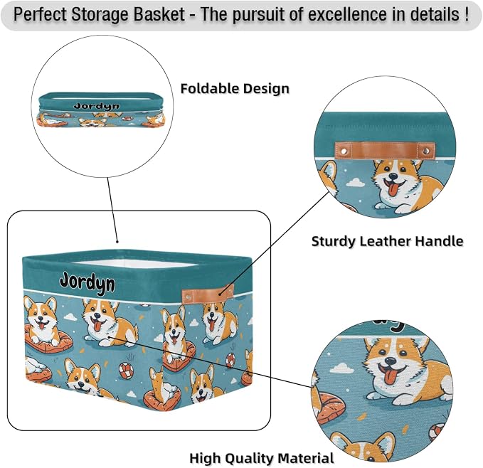 Custom Storage Baskets for Kids Name, Large Foldable Organizer Collapsible Storage Bin with Leather Handle for Home Toys Closet Nursery, Cute Corgi Dog Cartoon Cloud Blue