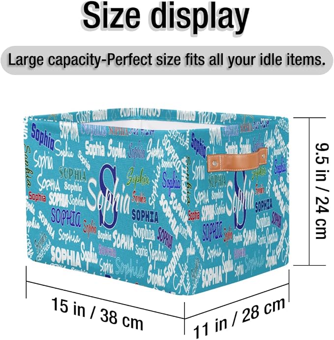 Custom Storage Baskets for Kids Name, Large Foldable Organizer Collapsible Storage Bin with Leather Handle for Home Toys Closet Nursery, Sea Blue Background