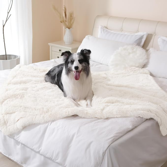 gogobunny Waterproof Dog Blanket, 33x77 Inch, Cream | Waterproof, Couch & Furniture Protection, Super Soft Reversible Throw, For Large Dogs & Cats, Calming Washable Fur & Sherpa