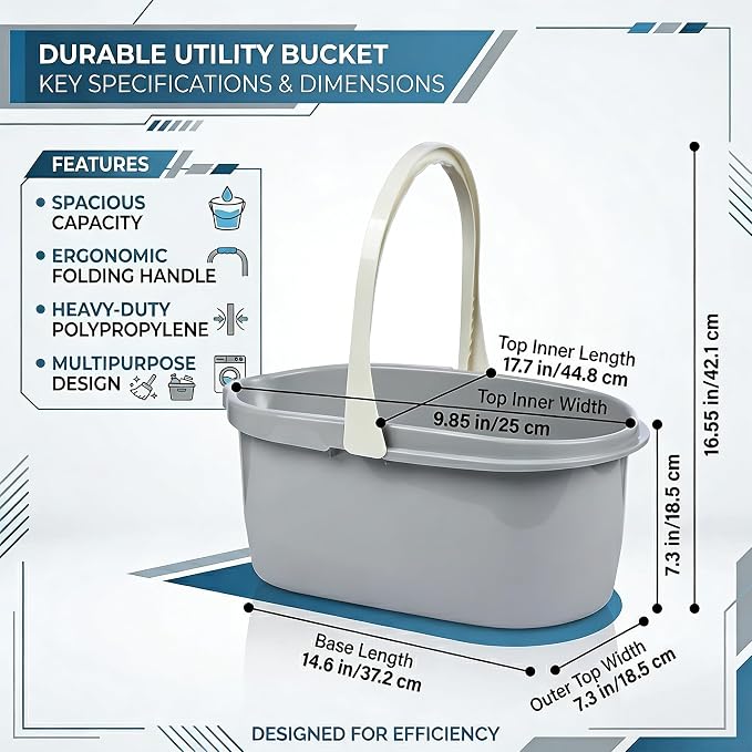 Compact Mop Bucket with Handle, Rectangular Cleaning Bucket and Caddy for Cleaning Supplies, 10L, Grey
